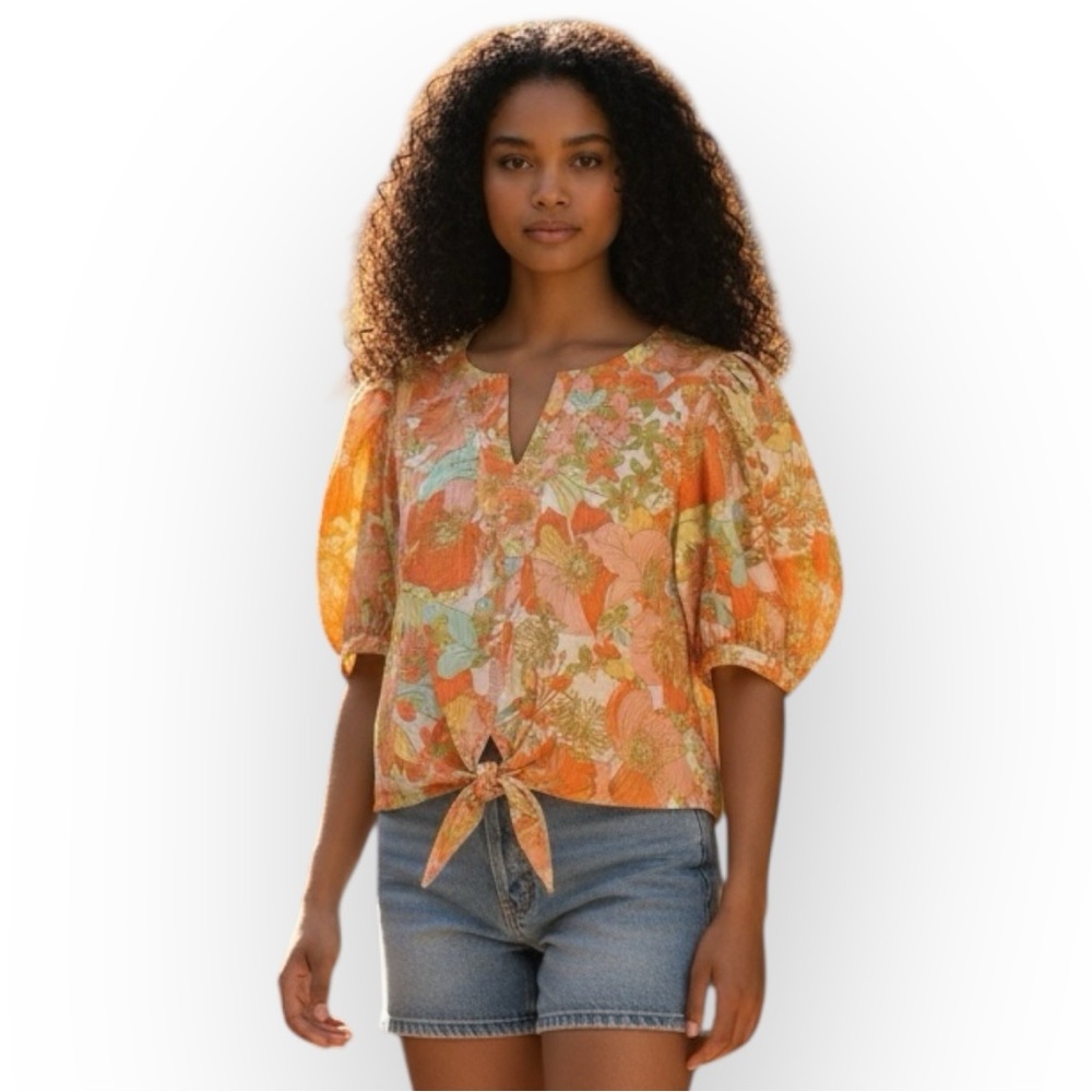 Rose & Olive Floral Boho Blouse Shirt XL Puff Sleeves Top Holiday Resort